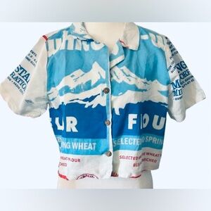 Large Crop Fashion Kinetics Flour Sack Style Button Down Top Shirt Aqua Blue